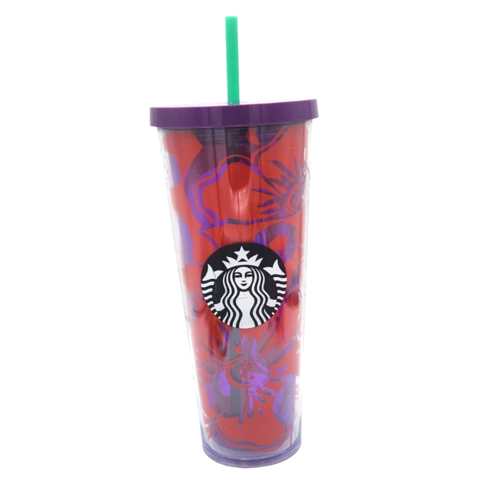 Starbucks Floral Tumbler 2014 With Straw 24oz Purple Red Acrylic